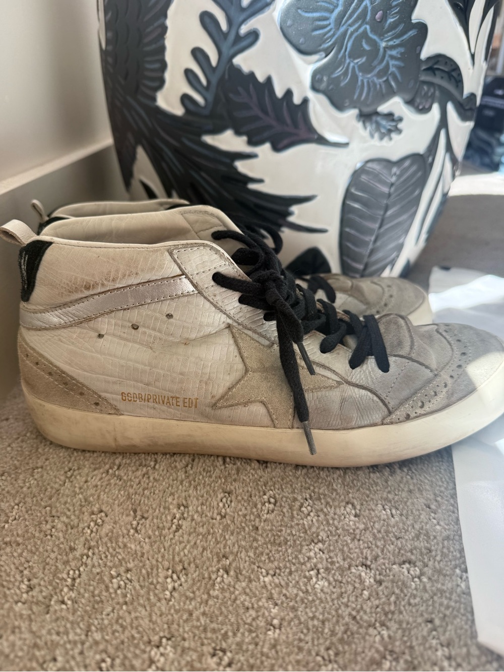 Golden Goose tan, silver and black Midstar Sneakers